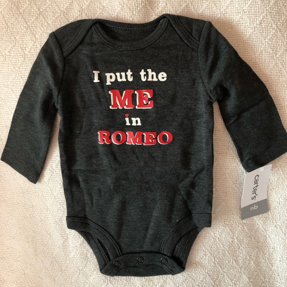 NEW w/ TAGS Newborn Boys Dark Grey Long Sleeve Onesie “I Put the ME in Romeo”